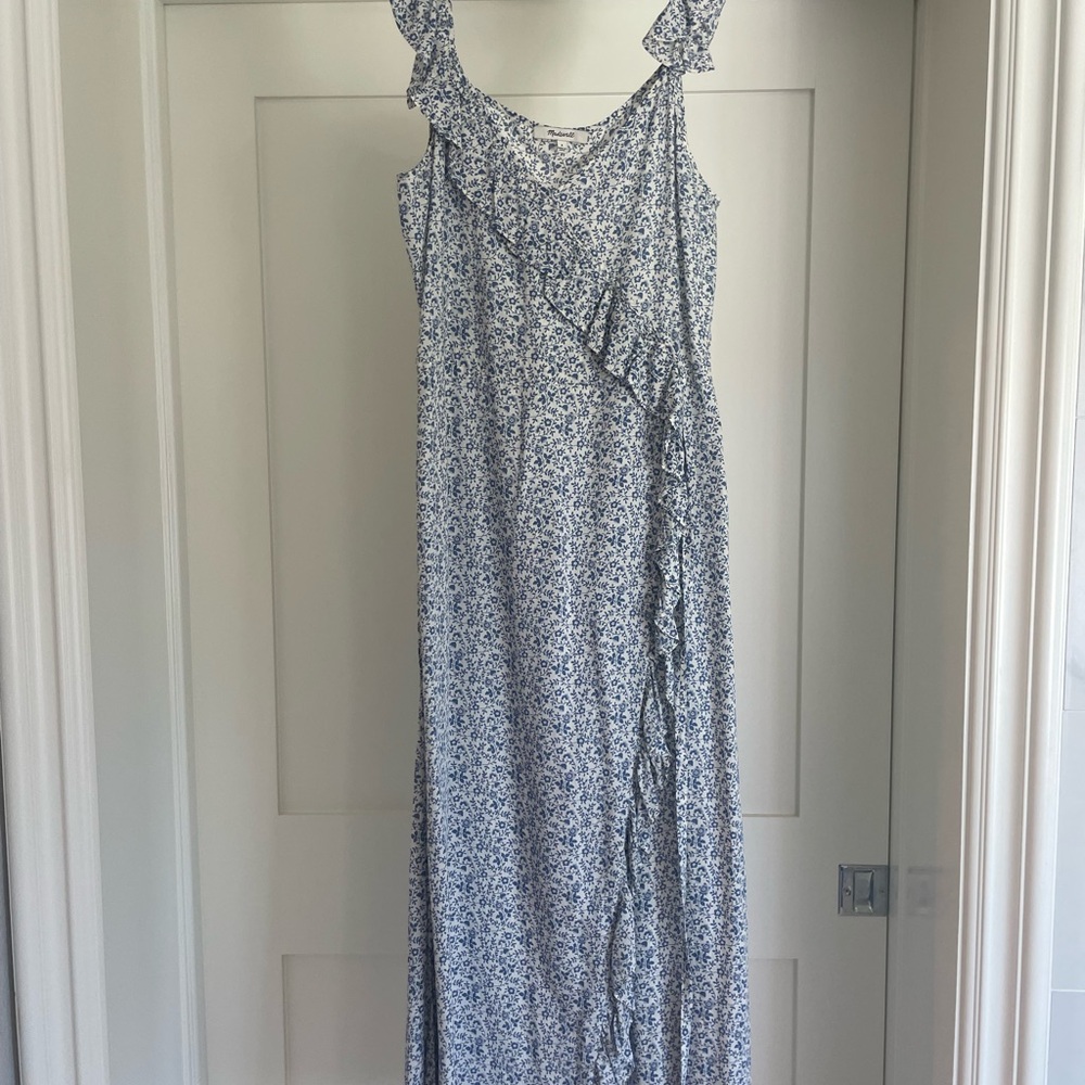 Madewell Ruffled Floral Maxi Dress in Blue and White